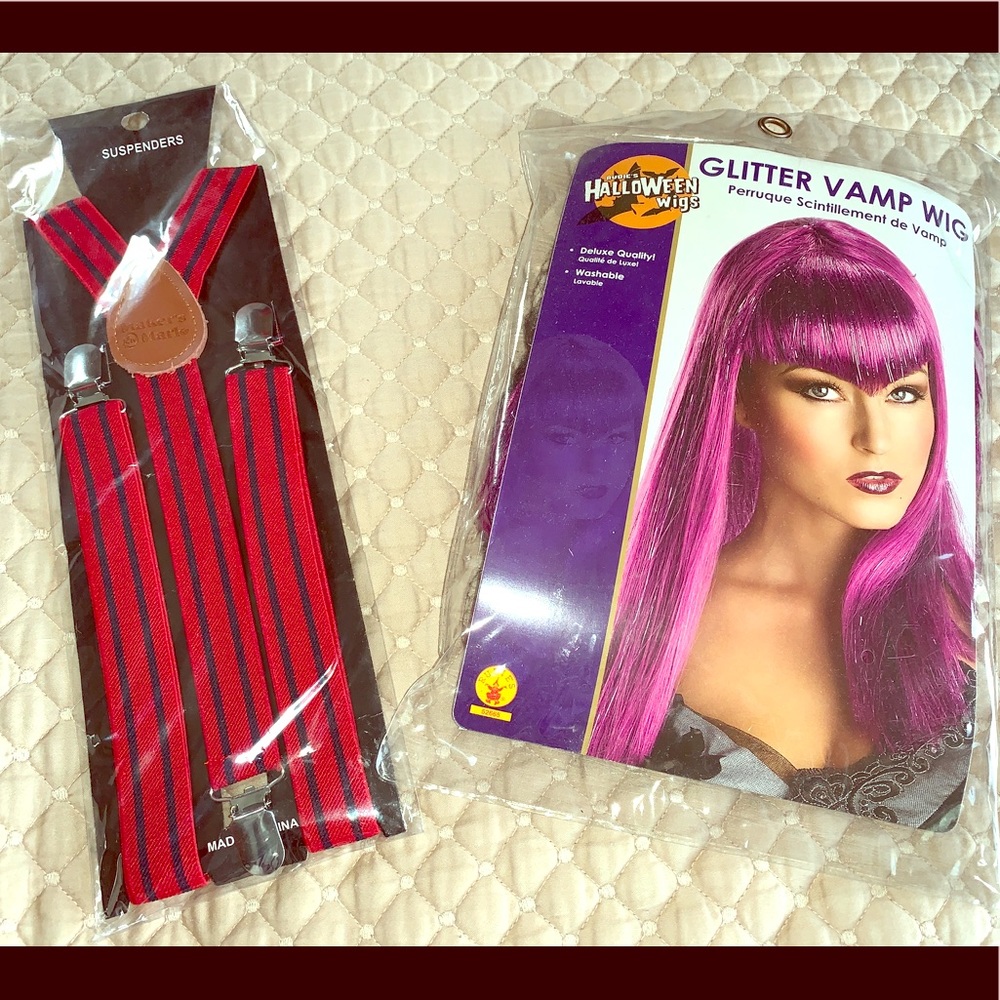 Halloween Purple Glitter Vamp Wig & Suspenders